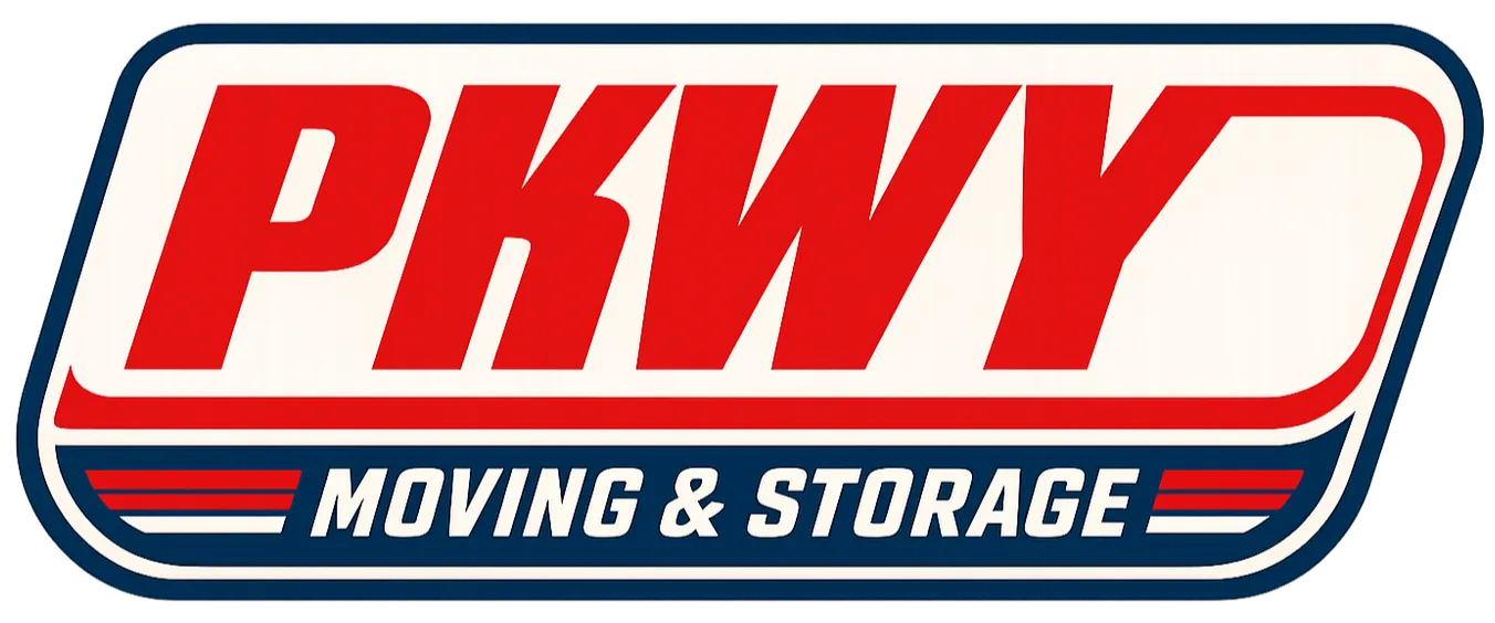 PKWY logo with bold red letters and a blue banner below reading 'MOVING & STORAGE' with red and white stripes on each side.