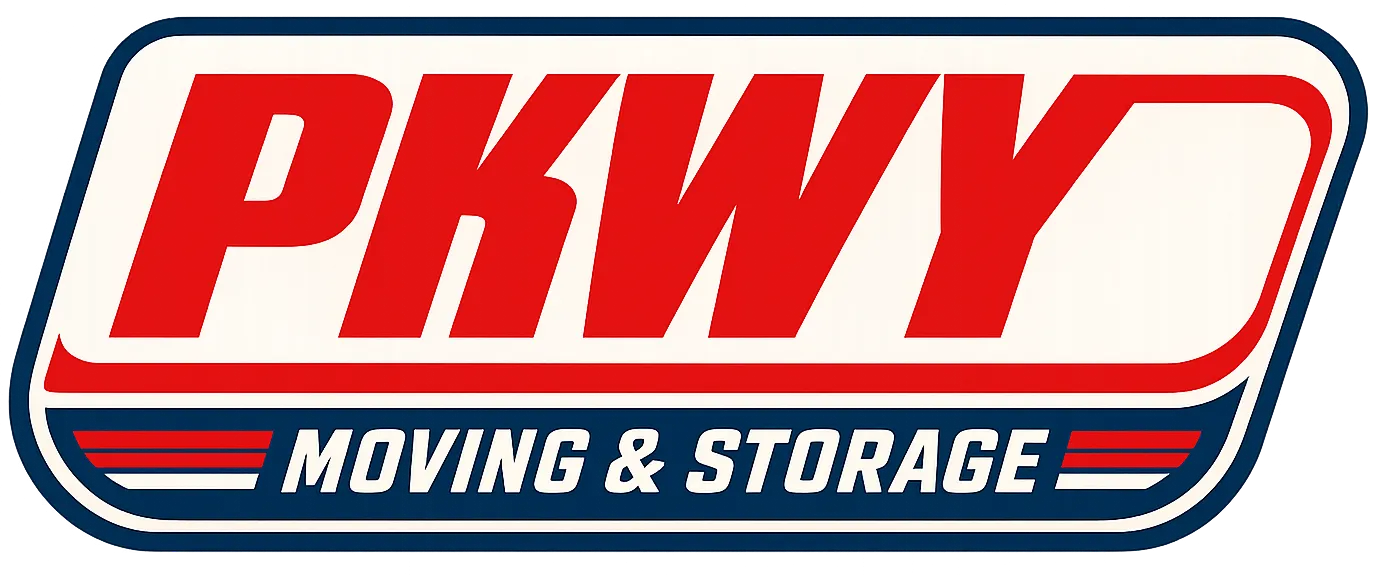 PKWY Moving & Storage logo in bold red and white text with a blue background accent.