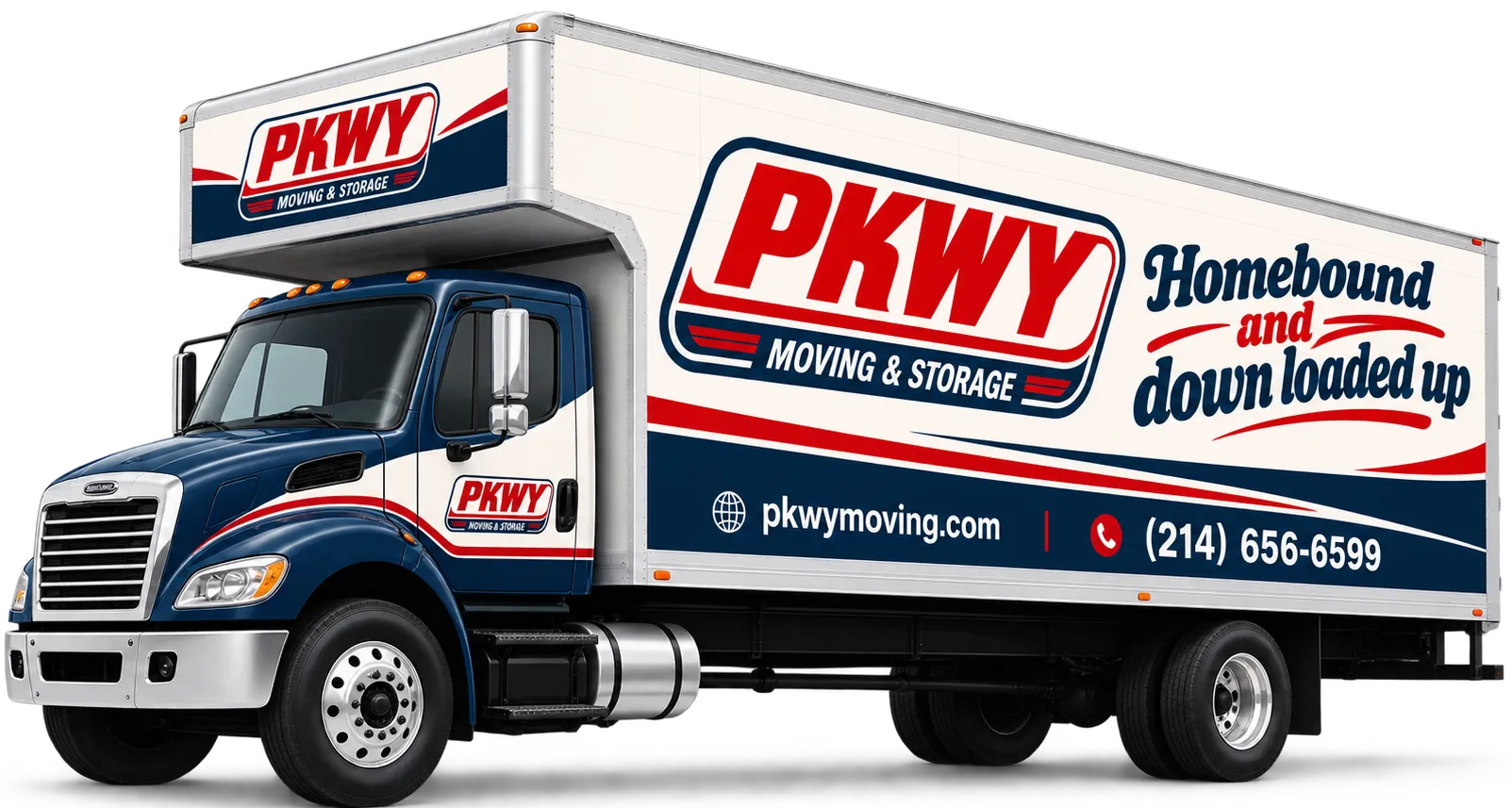 Blue and white PKWY moving and storage truck with the slogan 'Homebound and down loaded up', website pkwaymoving.com, and phone number (214) 656-6599.