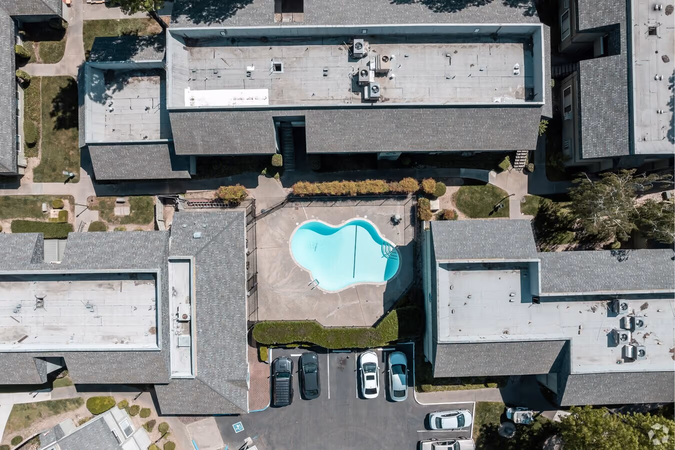 Overhead view of exterior and swimming pool