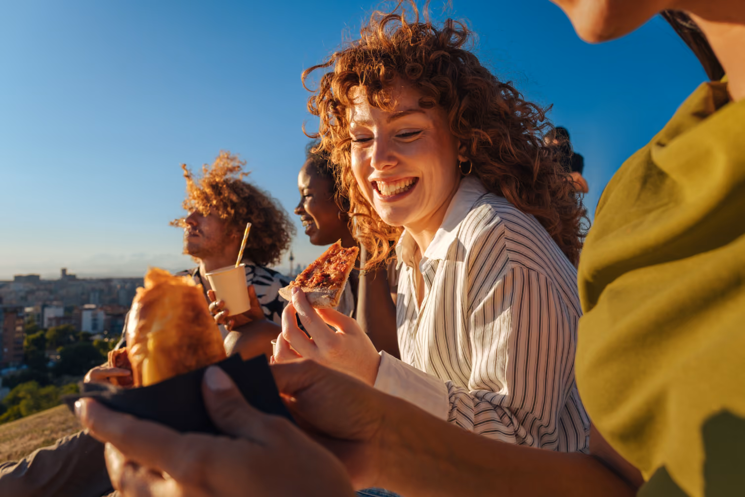 Friends with food outdoors stock image