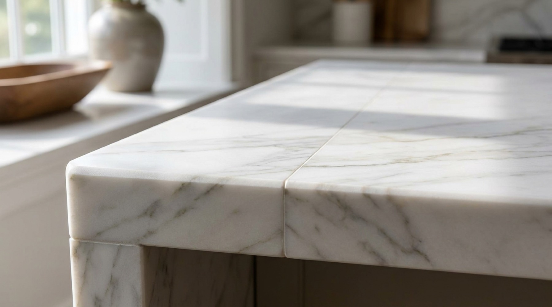 Close detail of a marble countertop seam with veining carrying across the join
