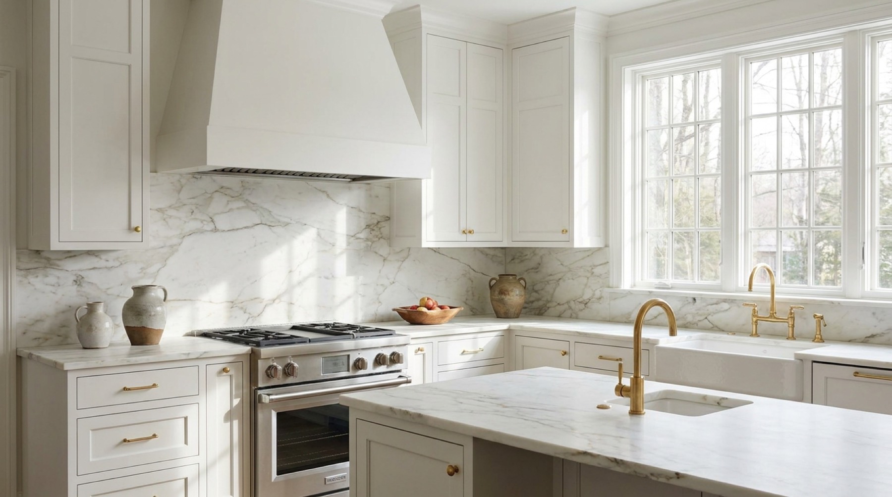 White kitchen with a full-height marble slab backsplash