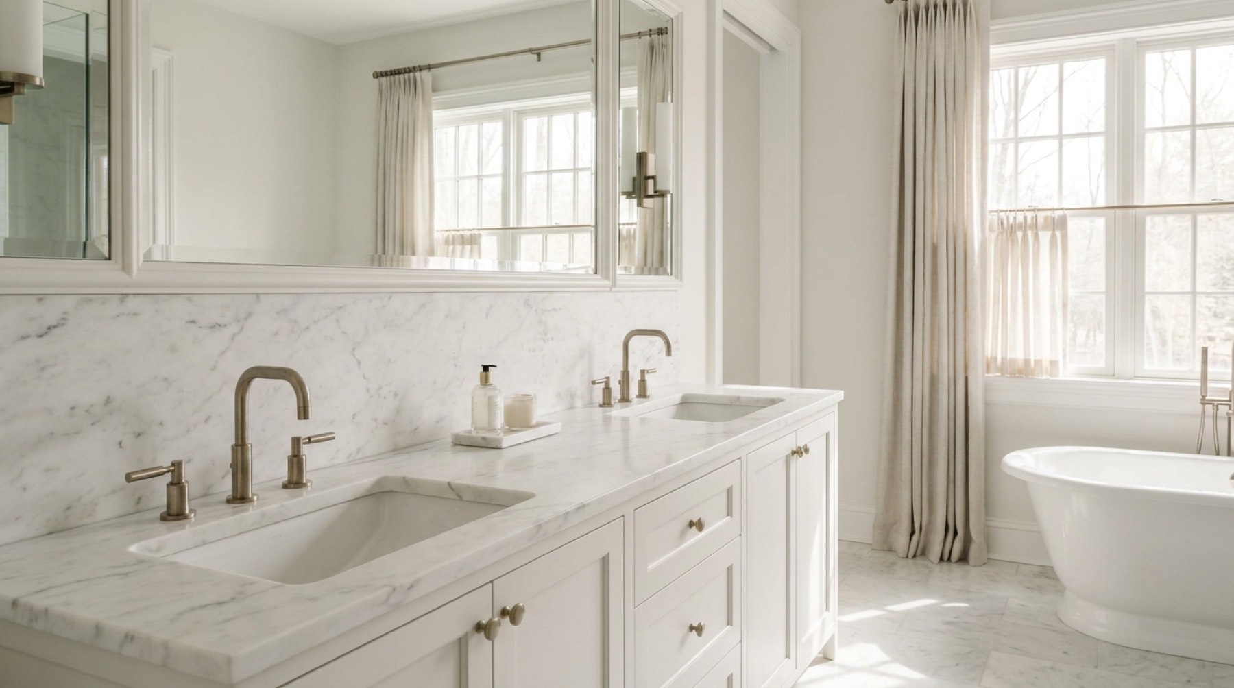 Primary bathroom double vanity in white marble with a full-height backsplash