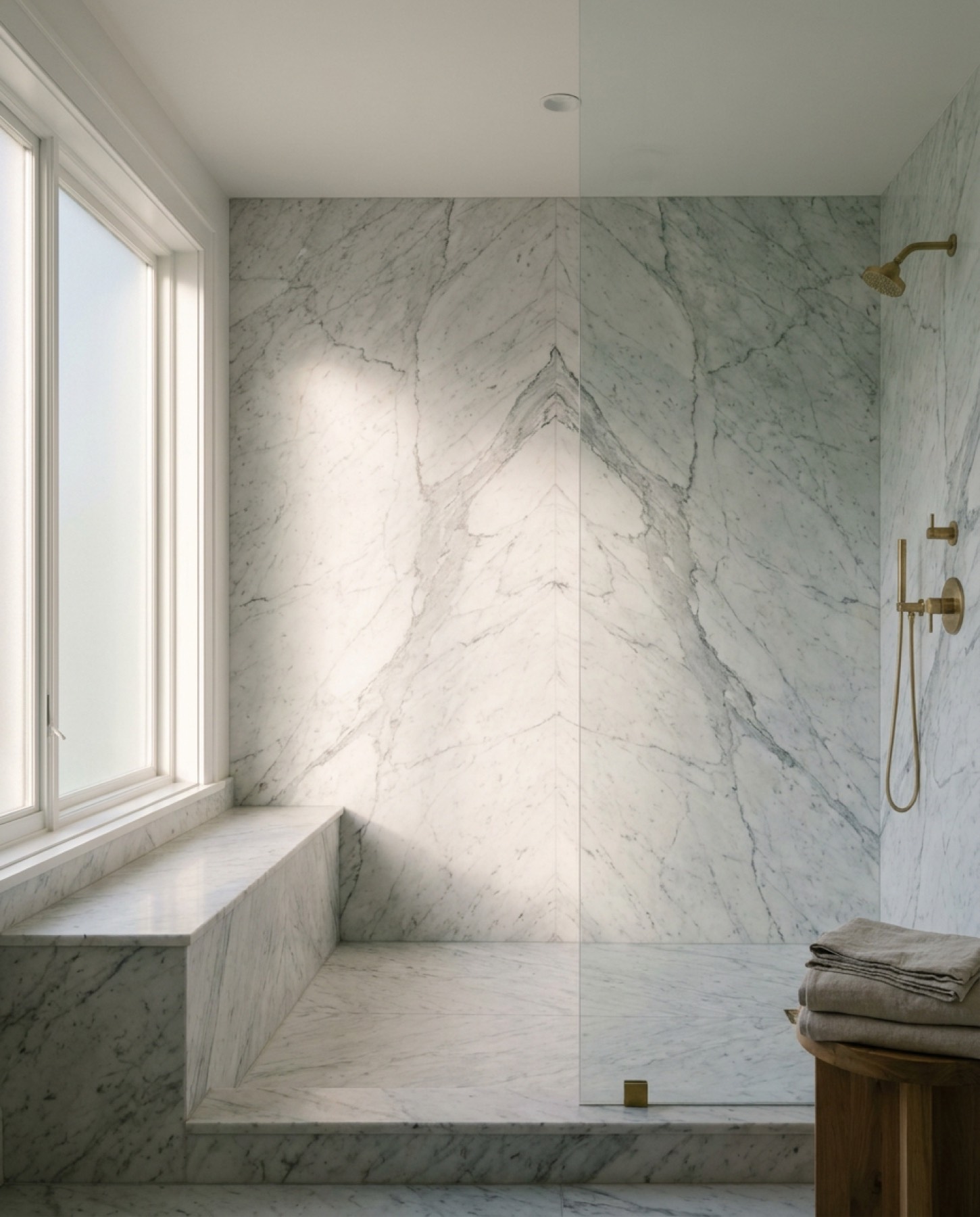Walk-in shower with bookmatched marble slab wall panels and a marble bench