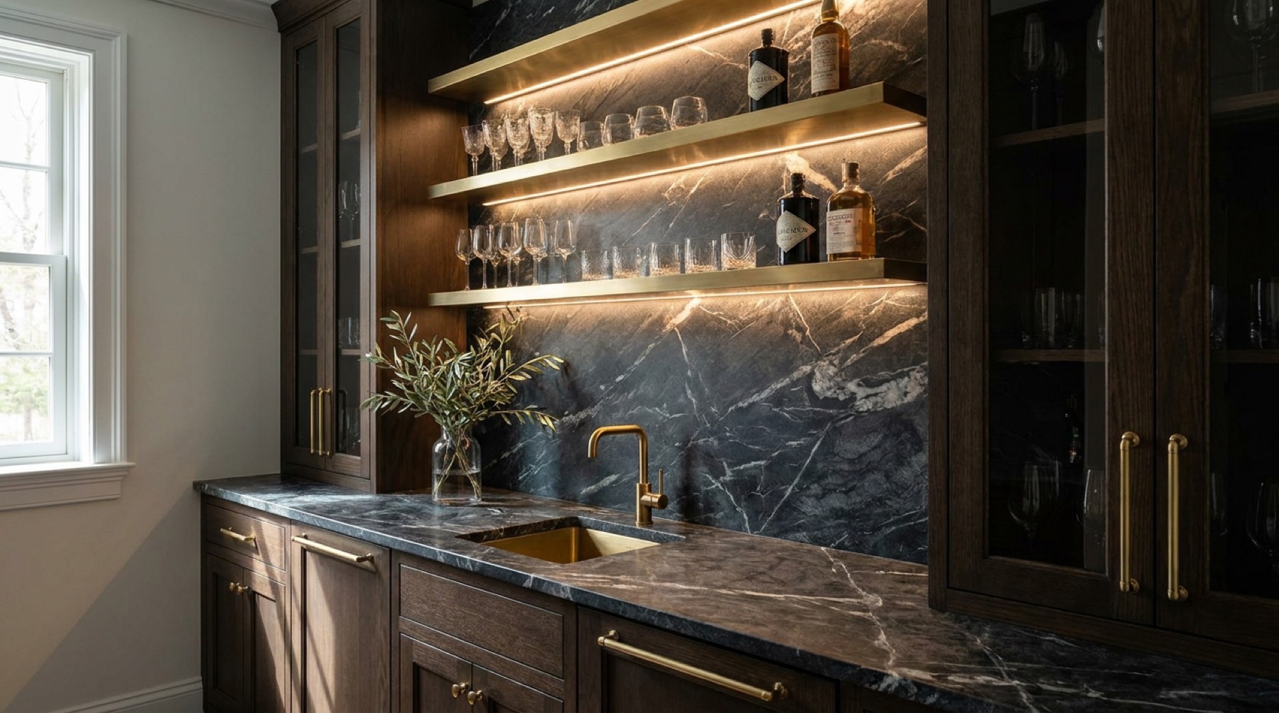 Butler's pantry wet bar with dark veined marble countertop and full-height backsplash