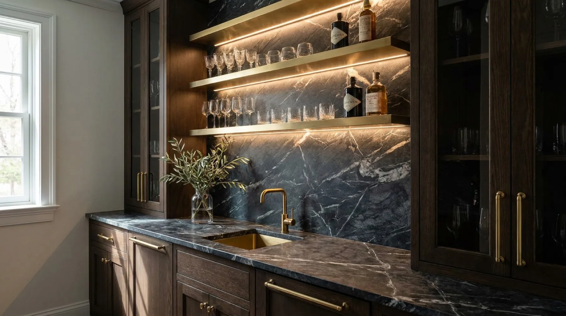 Butler's pantry wet bar with dark veined marble countertop and full-height backsplash
