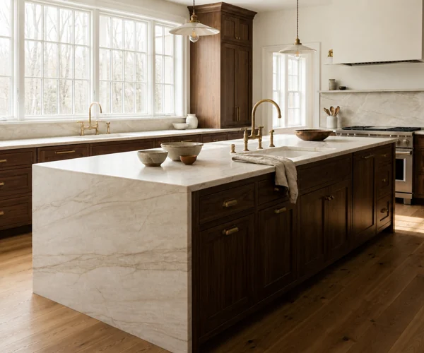 Walnut kitchen with a Taj Mahal quartzite island and vein-matched waterfall end.