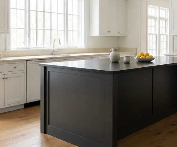 White kitchen with a large island topped in leathered Absolute Black granite.