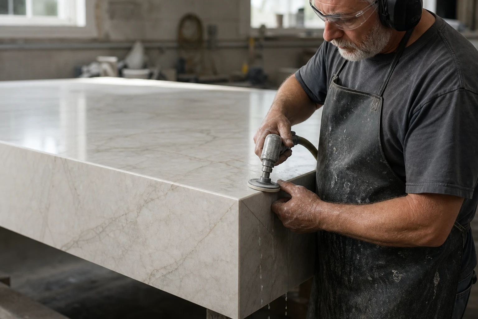 Hand-finishing a mitred stone edge in the shop