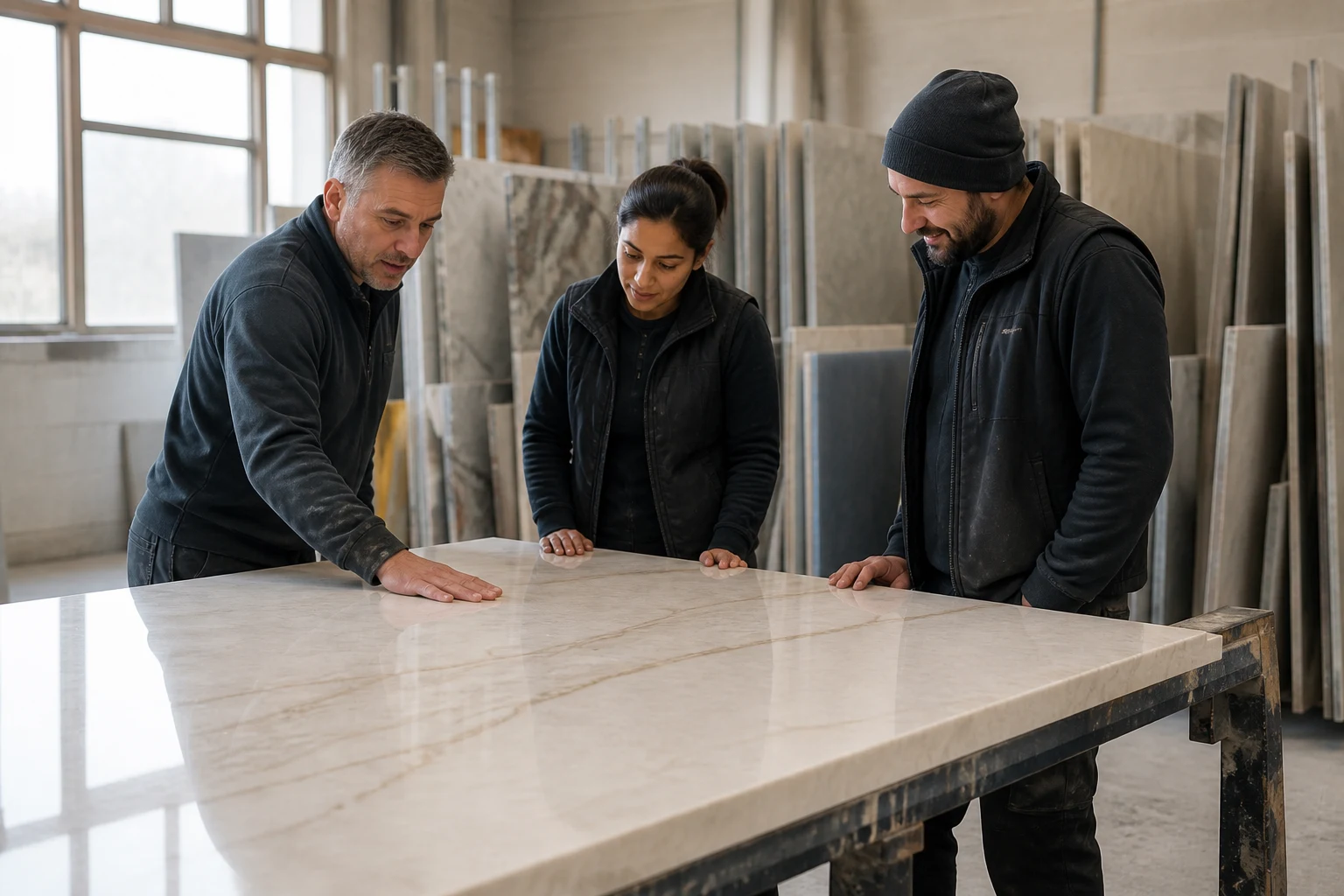 Stone craftspeople reviewing a pale quartzite slab