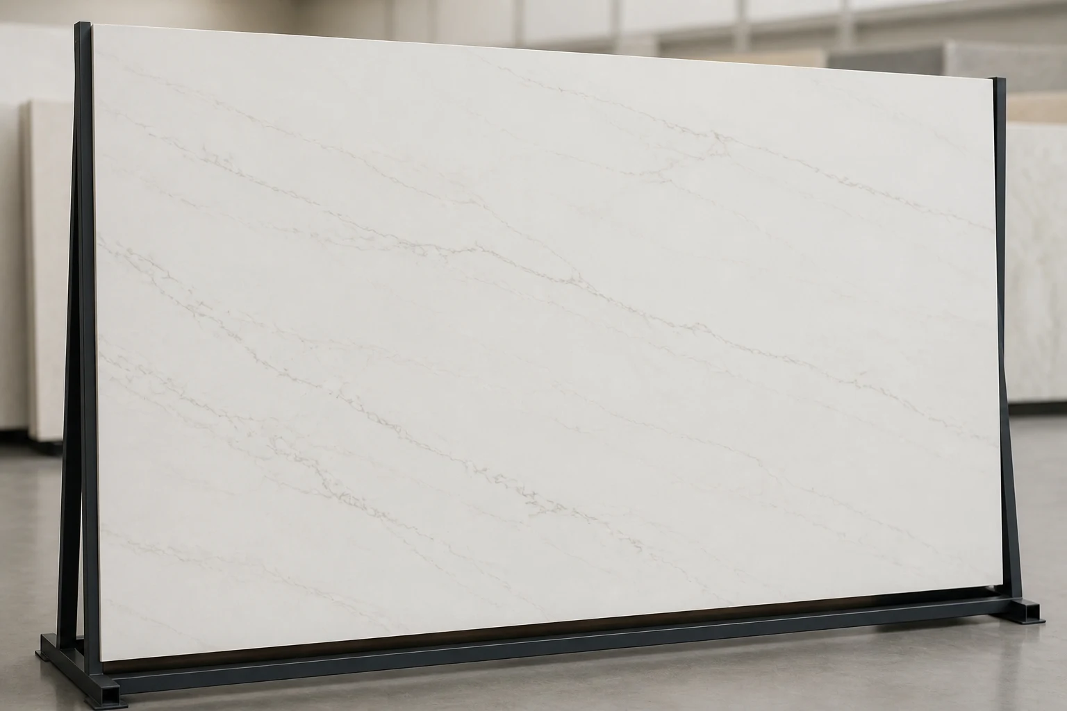 Full engineered quartz slab displayed on an A-frame