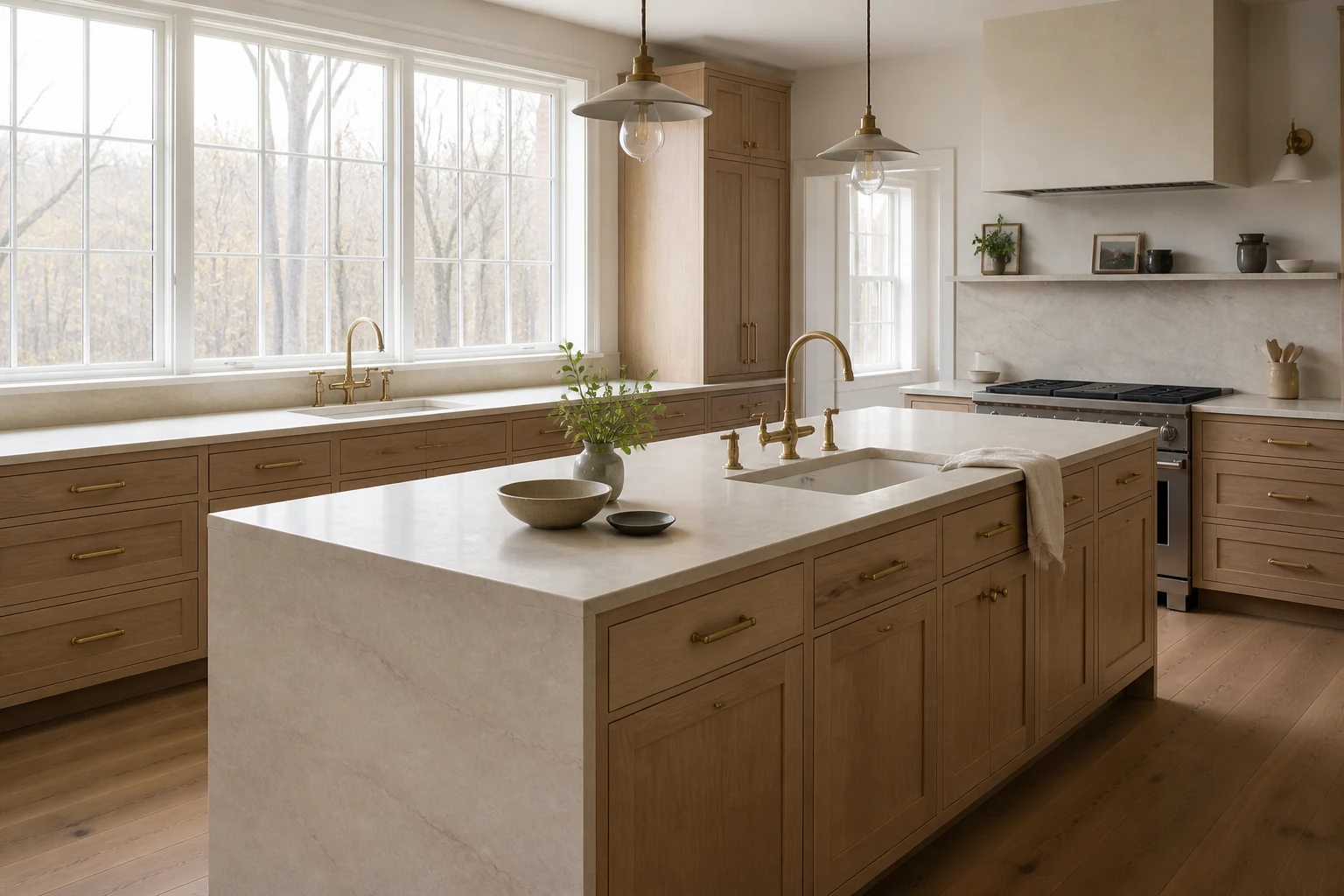 Warm oak kitchen with engineered quartz countertops
