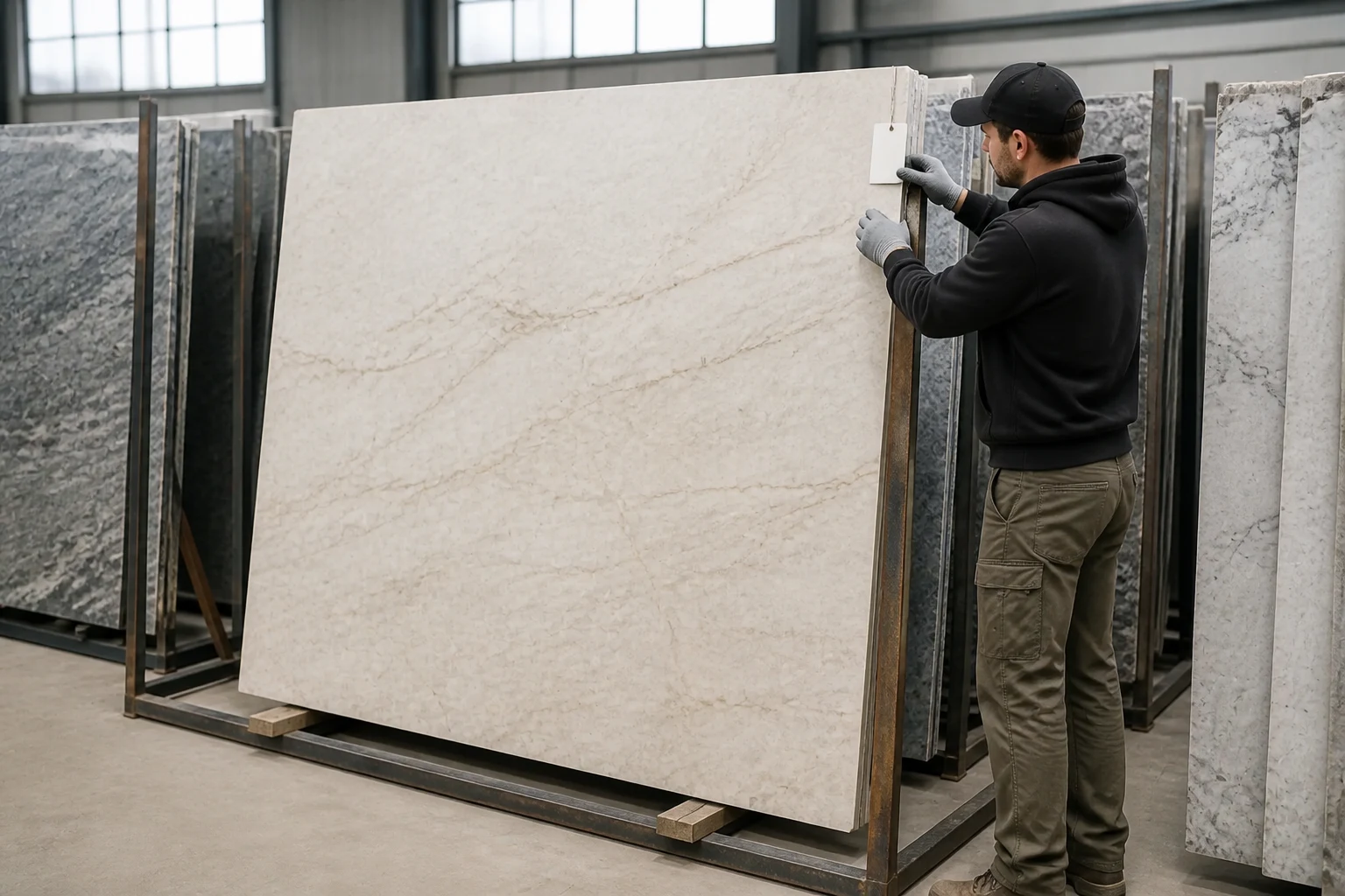 Craftsperson reserving a selected natural stone slab