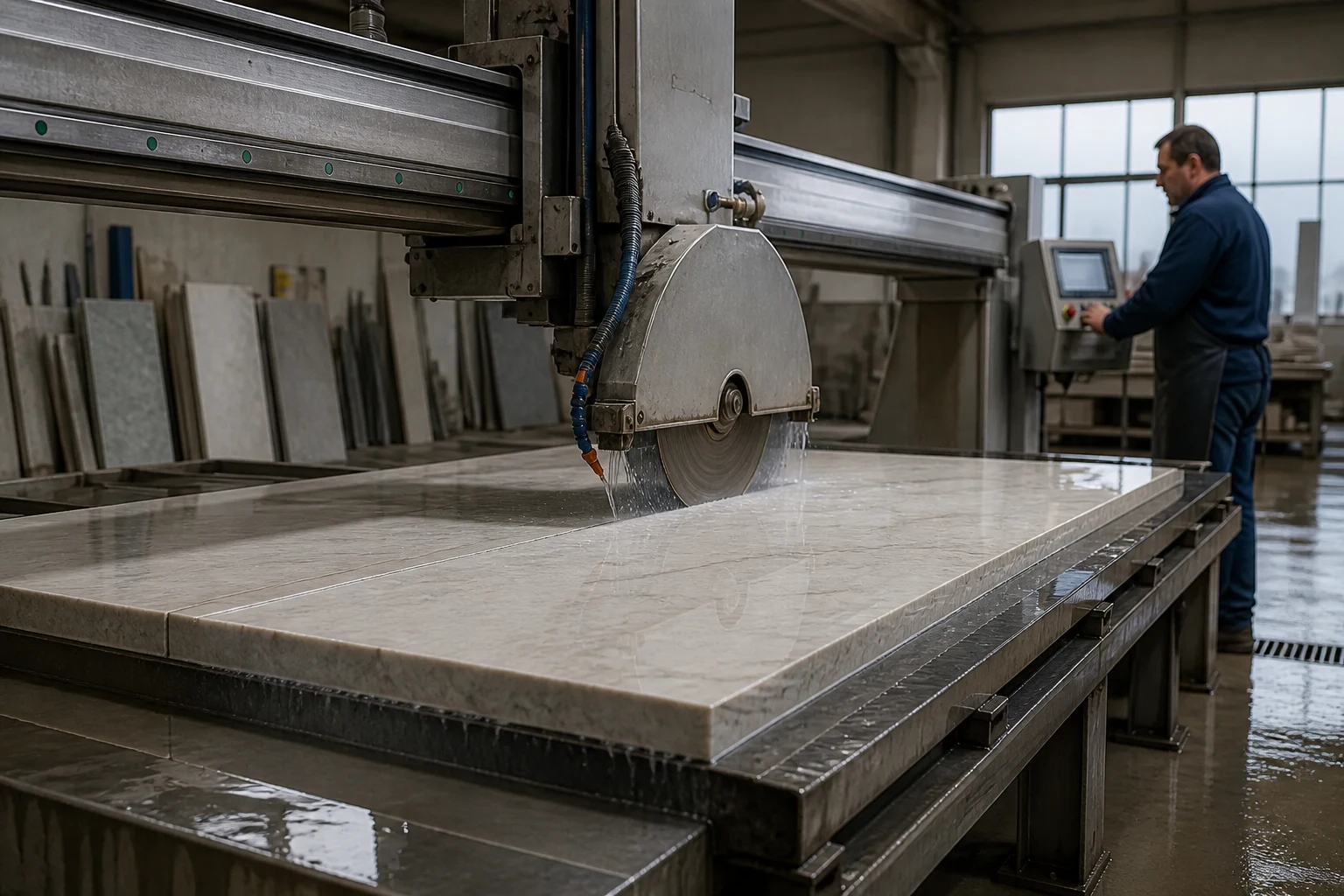 Wet bridge saw cutting a pale natural stone slab