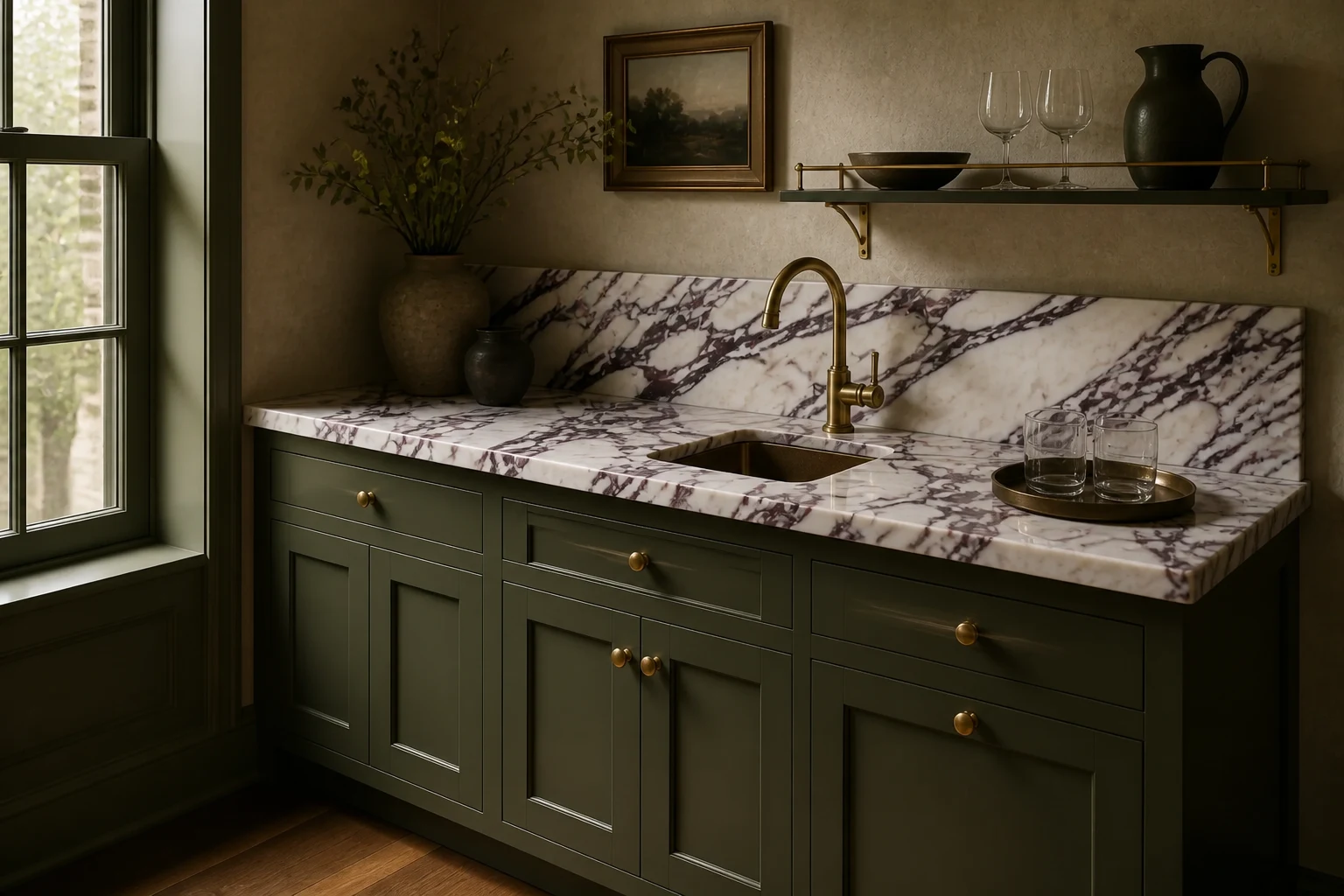 Calacatta Viola remnant used for a compact wet bar