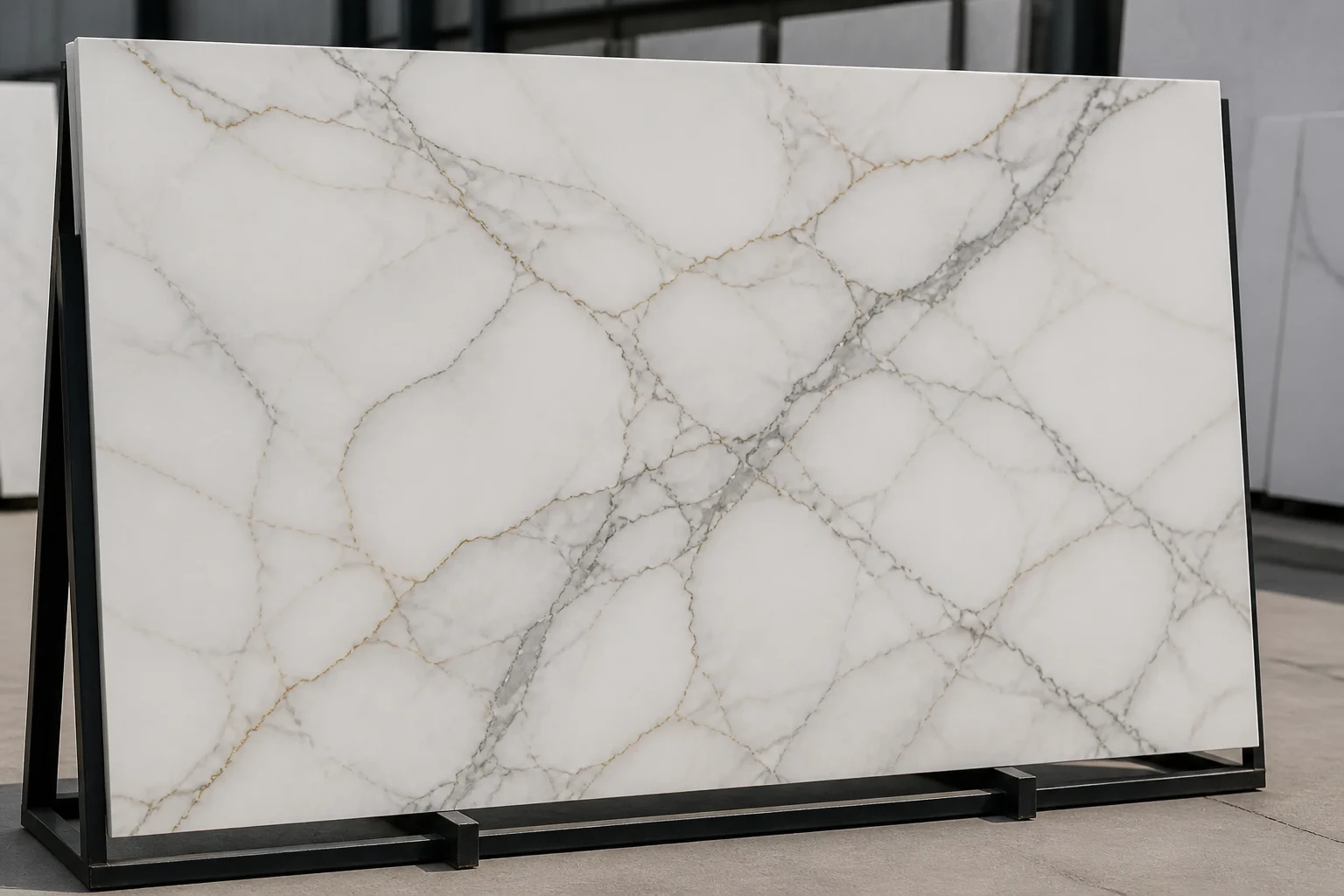 Full marble slab displayed on an A-frame