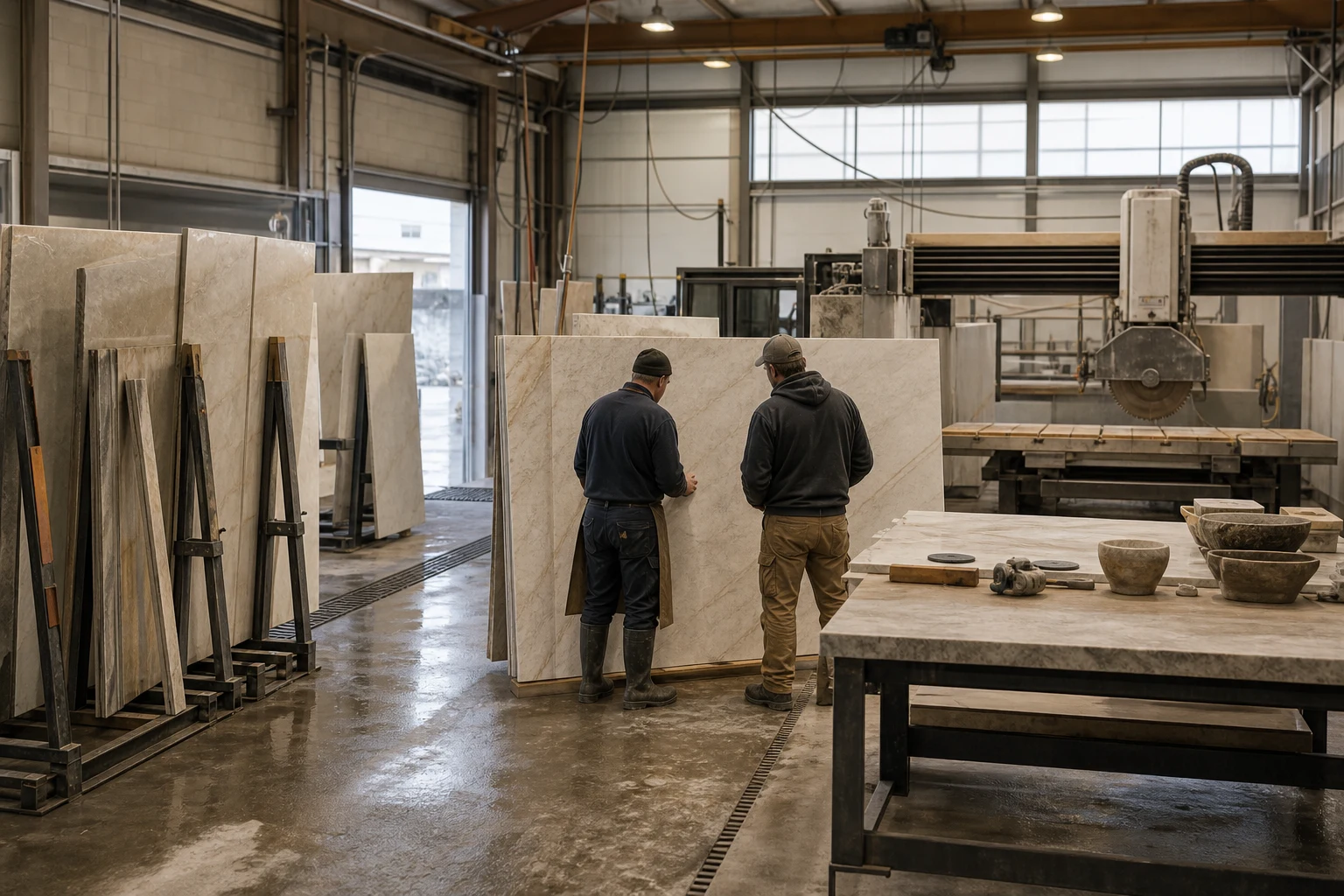 Stone slabs and bridge saw inside CMG’s fabrication shop