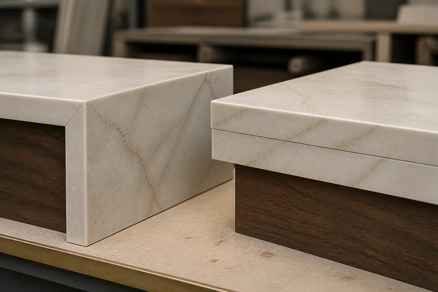 Mitred and laminated stone edge samples