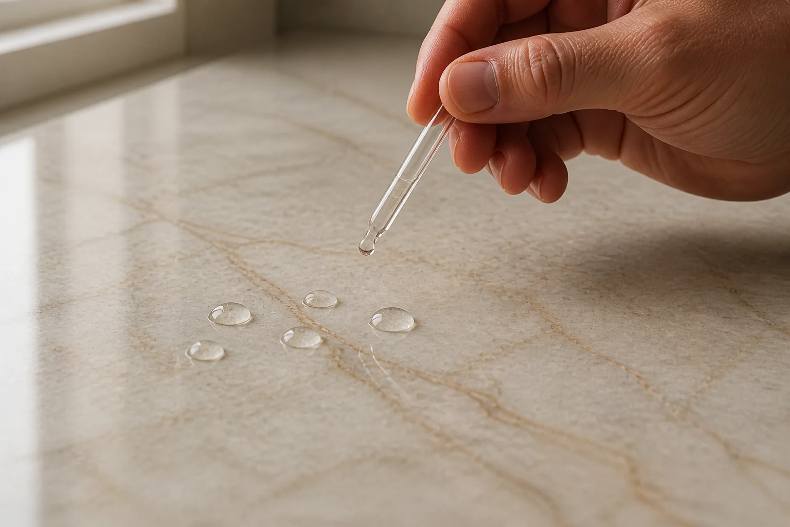 Water-drop test on a light natural stone countertop