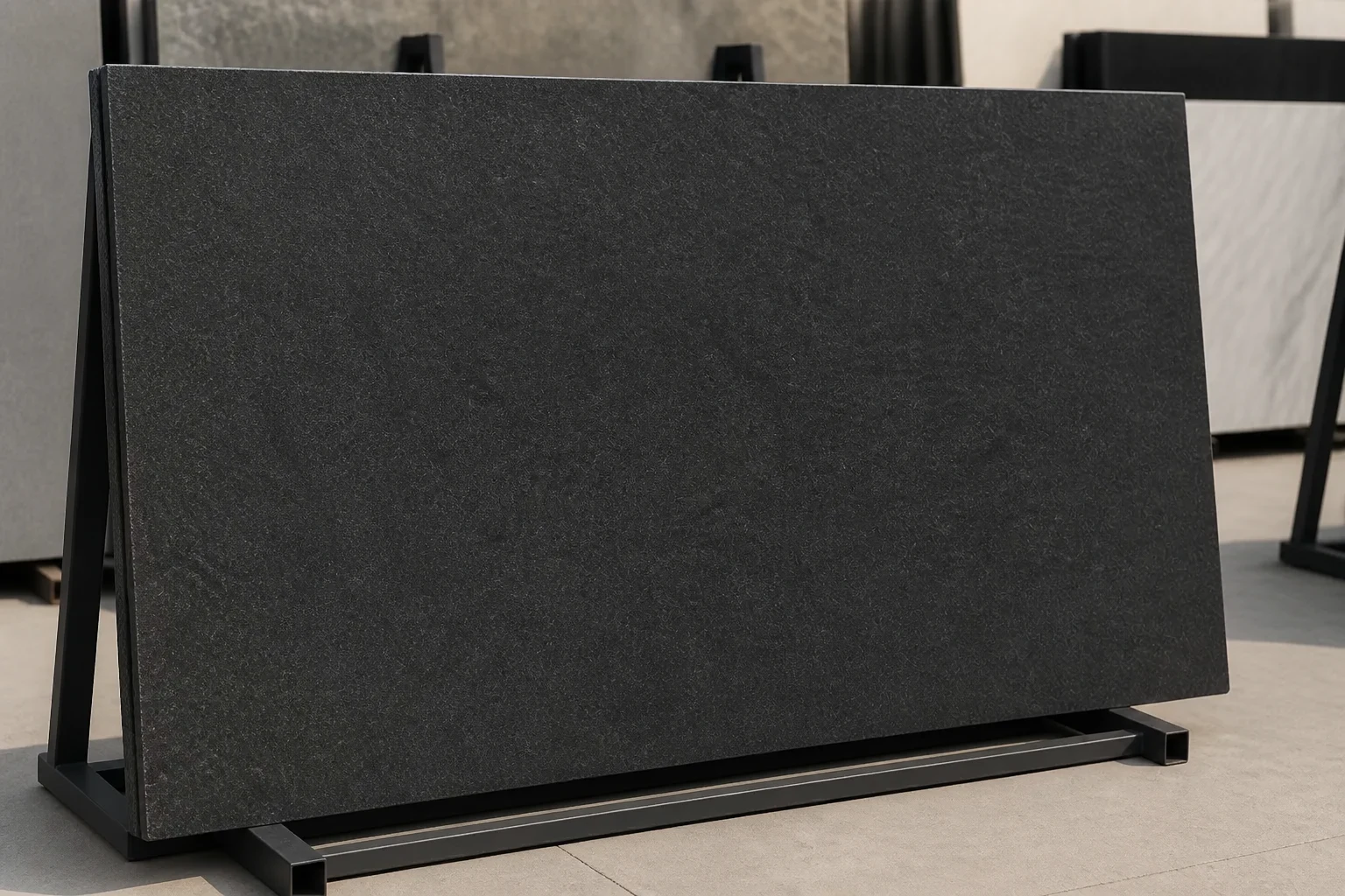 Full granite slab displayed on an A-frame