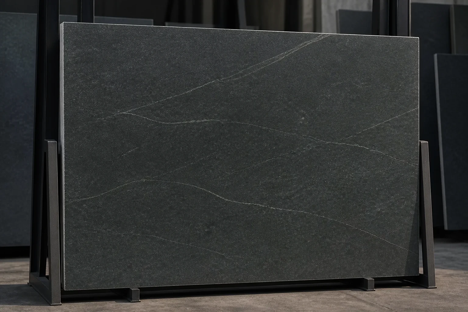 Full soapstone slab displayed on an A-frame