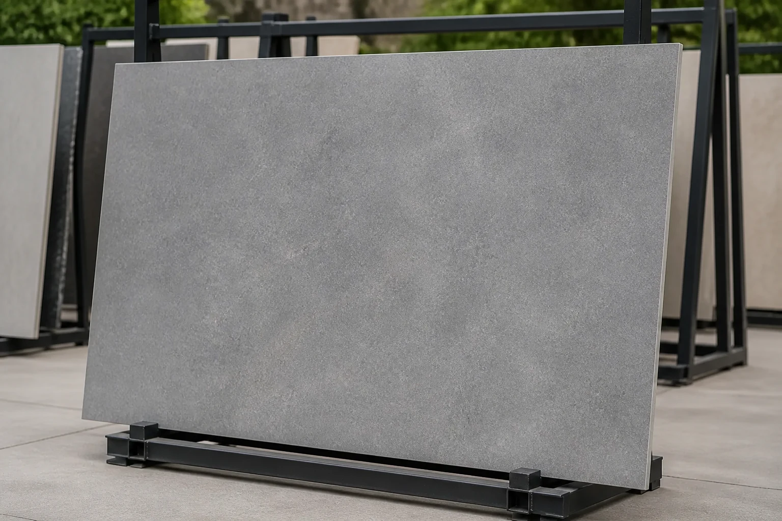 Full porcelain slab displayed on an A-frame