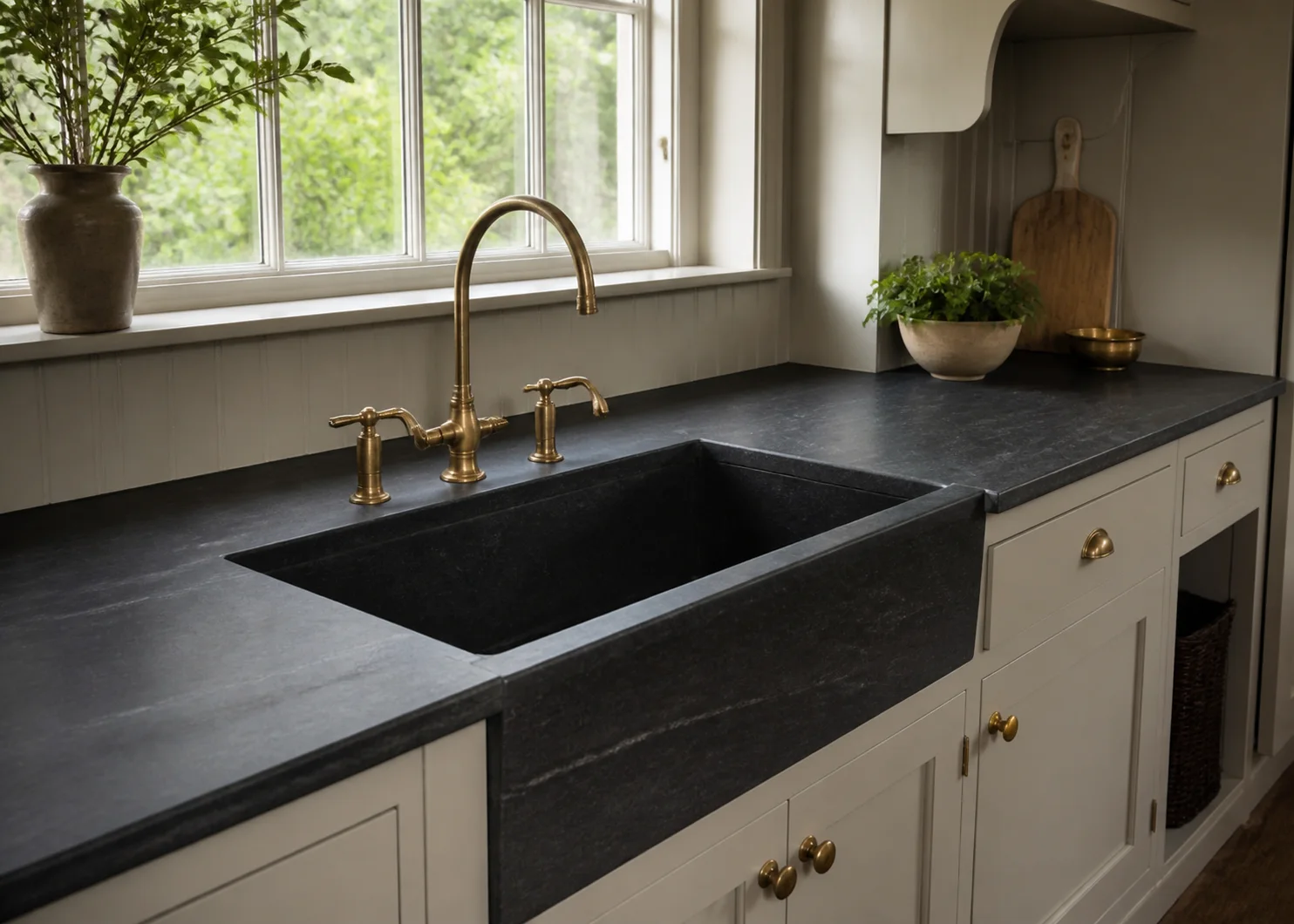 Soapstone counters and an integral soapstone farmhouse sink