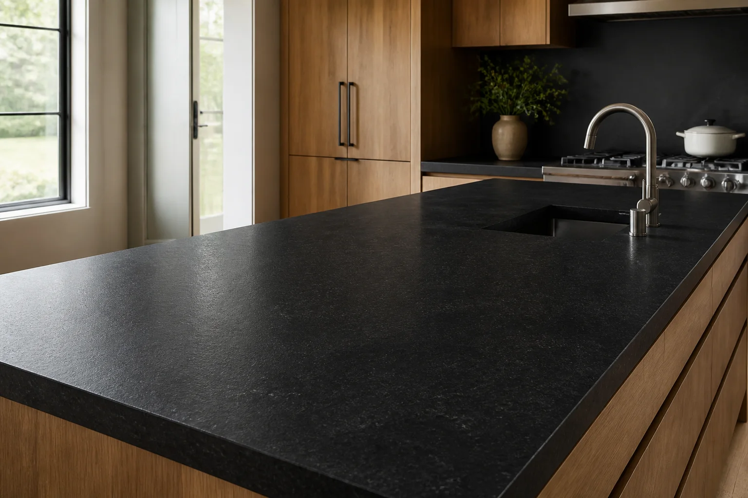 Honed black granite countertops in a kitchen with oak cabinets