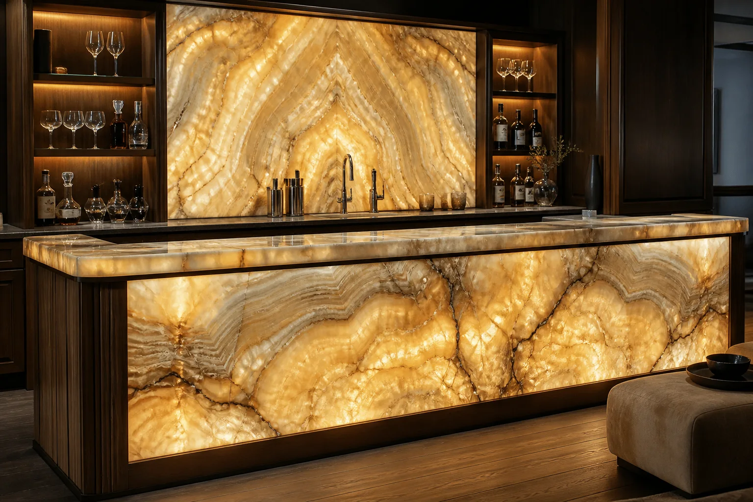 Backlit honey onyx bar and feature wall