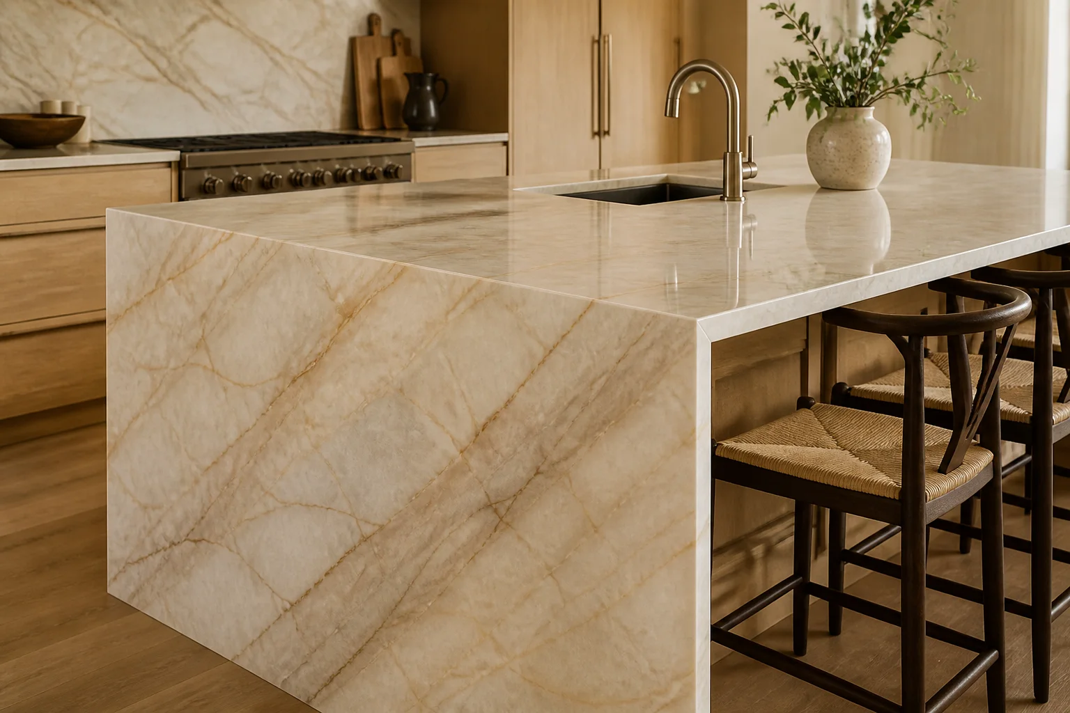 Kitchen island with a mitred waterfall end in warm-veined quartzite