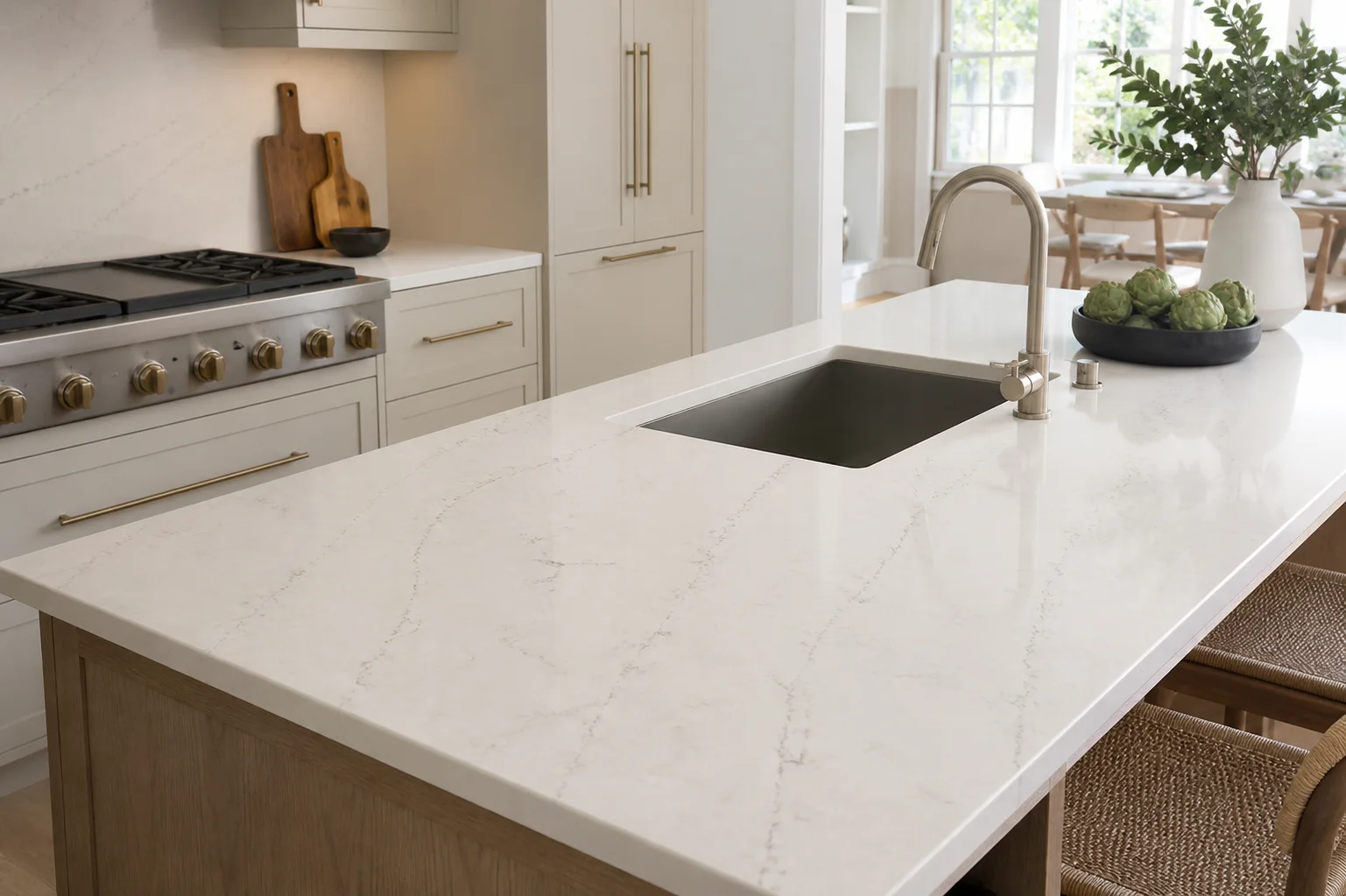 White quartz island with an undermount sink and oak cabinetry