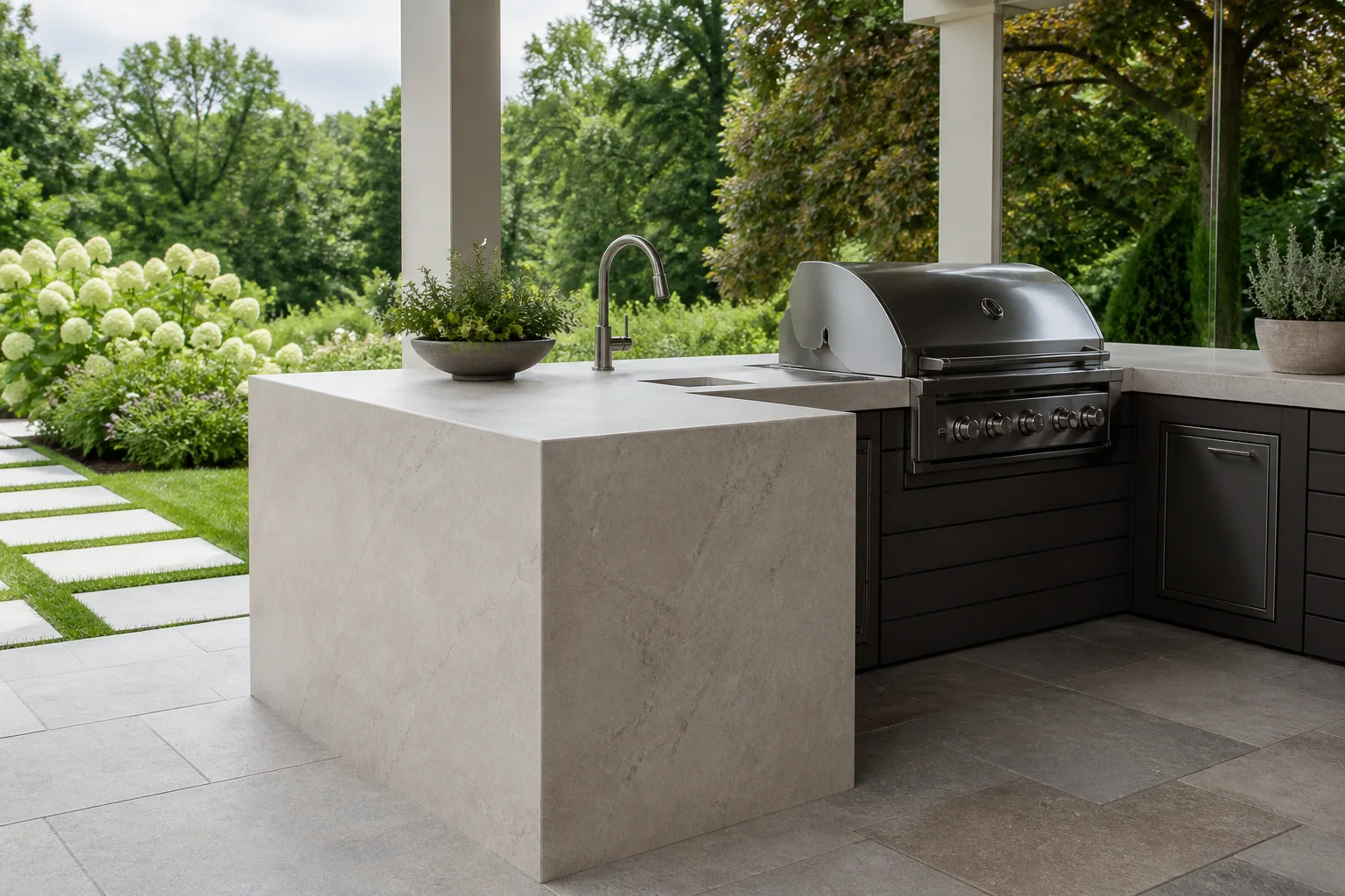 Outdoor kitchen with light large-format porcelain countertops and a built-in grill