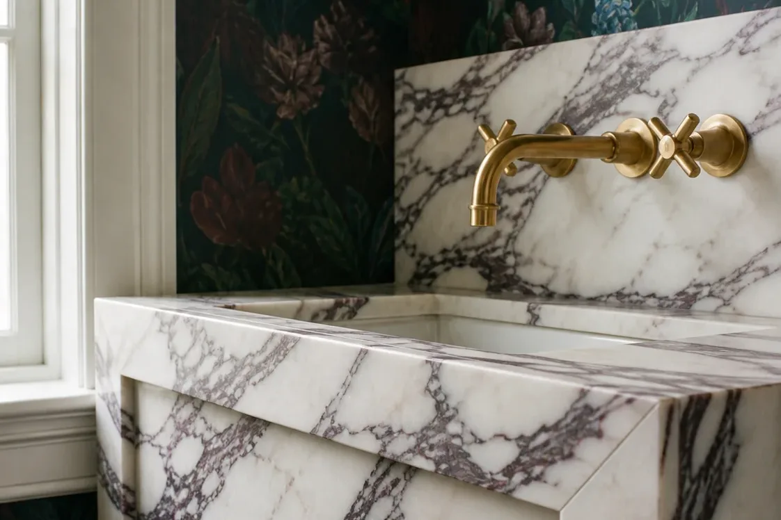 Calacatta Viola vanity in Monroe, CT, laid out so the veining wraps the mitered apron