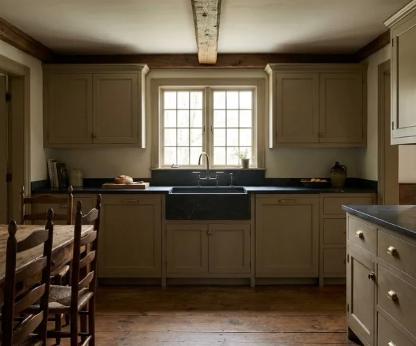 Farmhouse kitchen with honed charcoal soapstone counters and an integral soapstone sink.