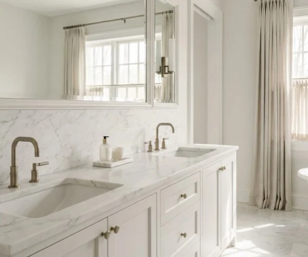 Primary bathroom with a long Calacatta Gold double vanity and full-height marble backsplash.