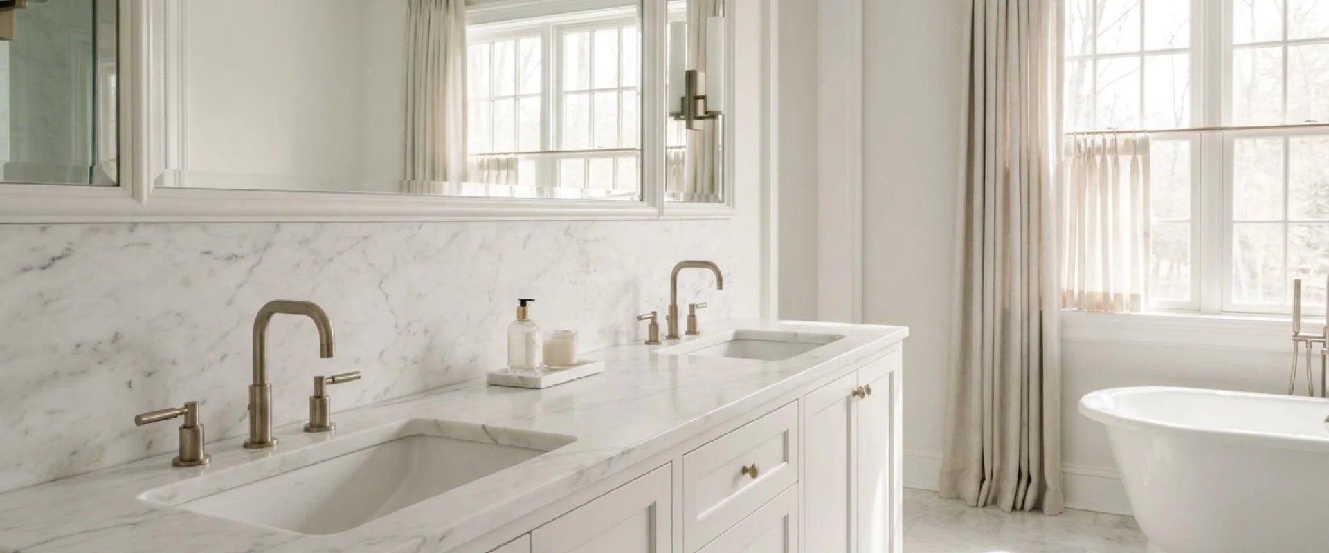 Primary bathroom with a long Calacatta Gold double vanity and full-height marble backsplash.