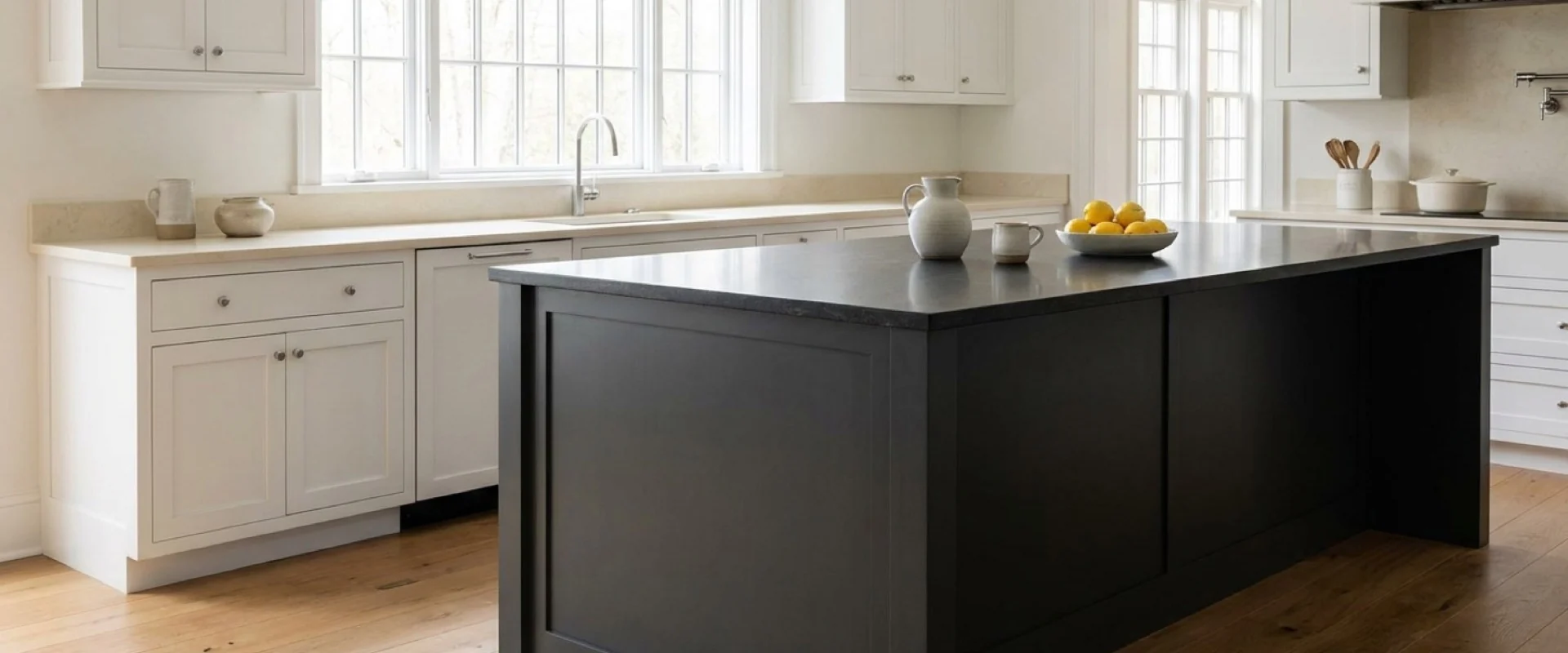 White kitchen with a large island topped in leathered Absolute Black granite.