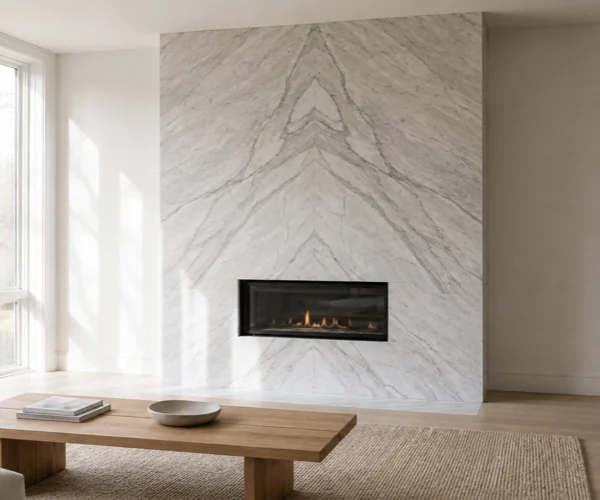 Living room with a floor-to-ceiling bookmatched Statuario marble fireplace surround.