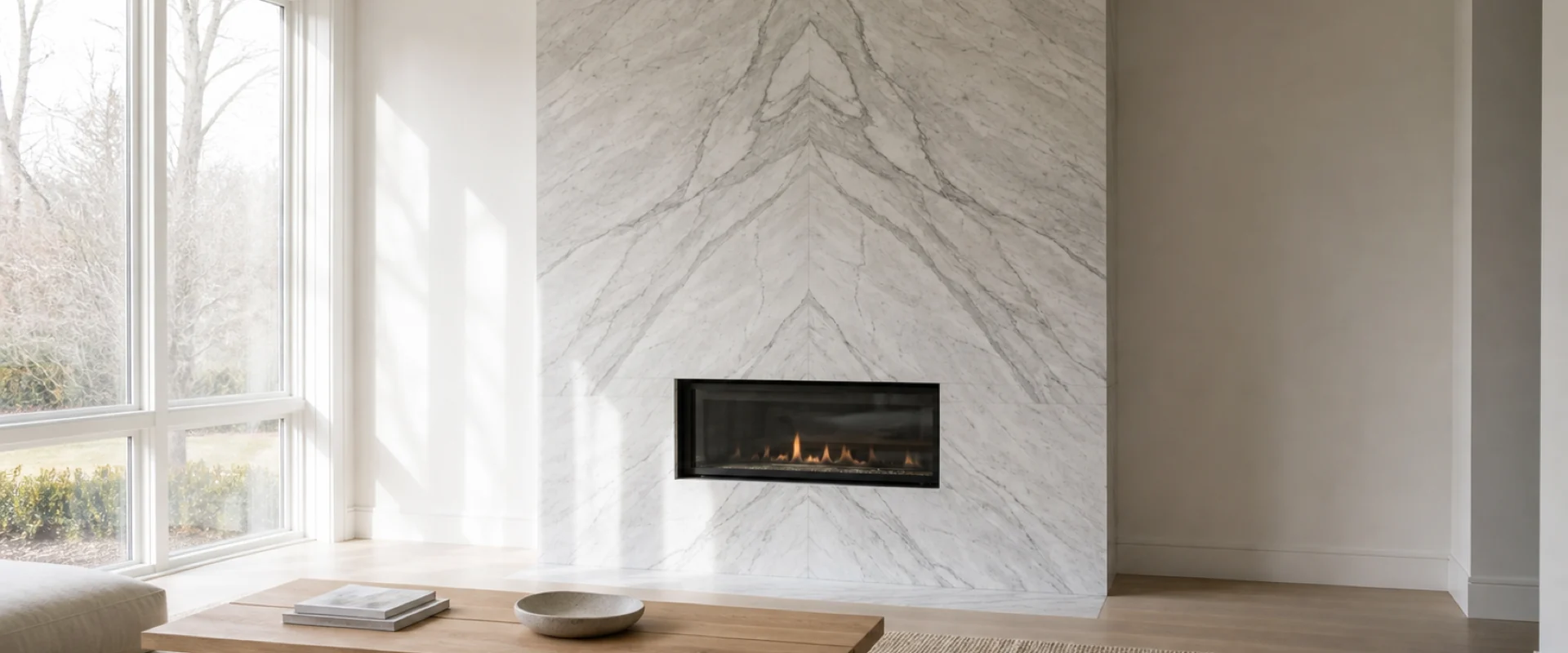 Living room with a floor-to-ceiling bookmatched Statuario marble fireplace surround.