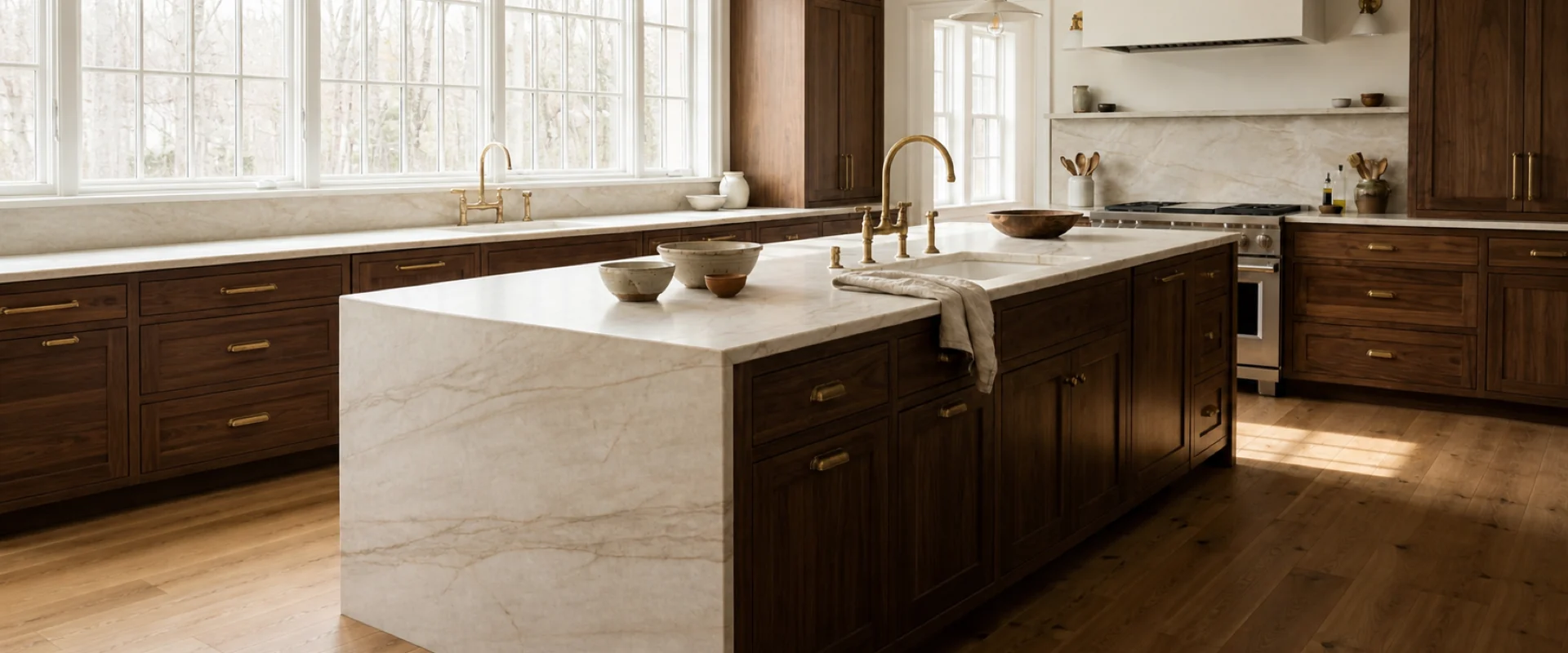 Walnut kitchen with a Taj Mahal quartzite island and vein-matched waterfall end.