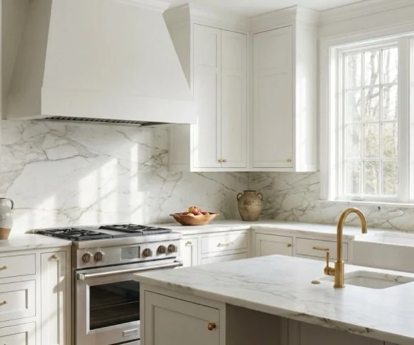 White kitchen with Calacatta Gold counters and a full-height slab backsplash.