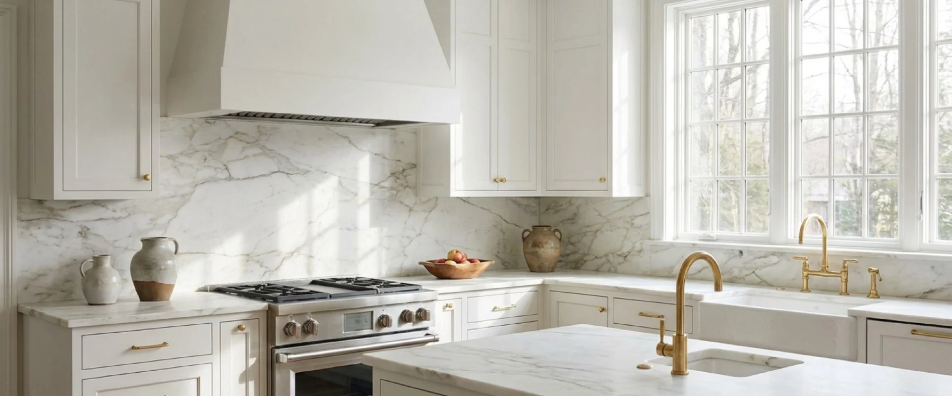 White kitchen with Calacatta Gold counters and a full-height slab backsplash.
