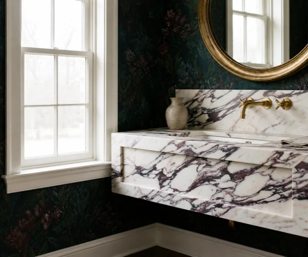 Powder room with a floating Calacatta Viola vanity and aged-brass fixtures.