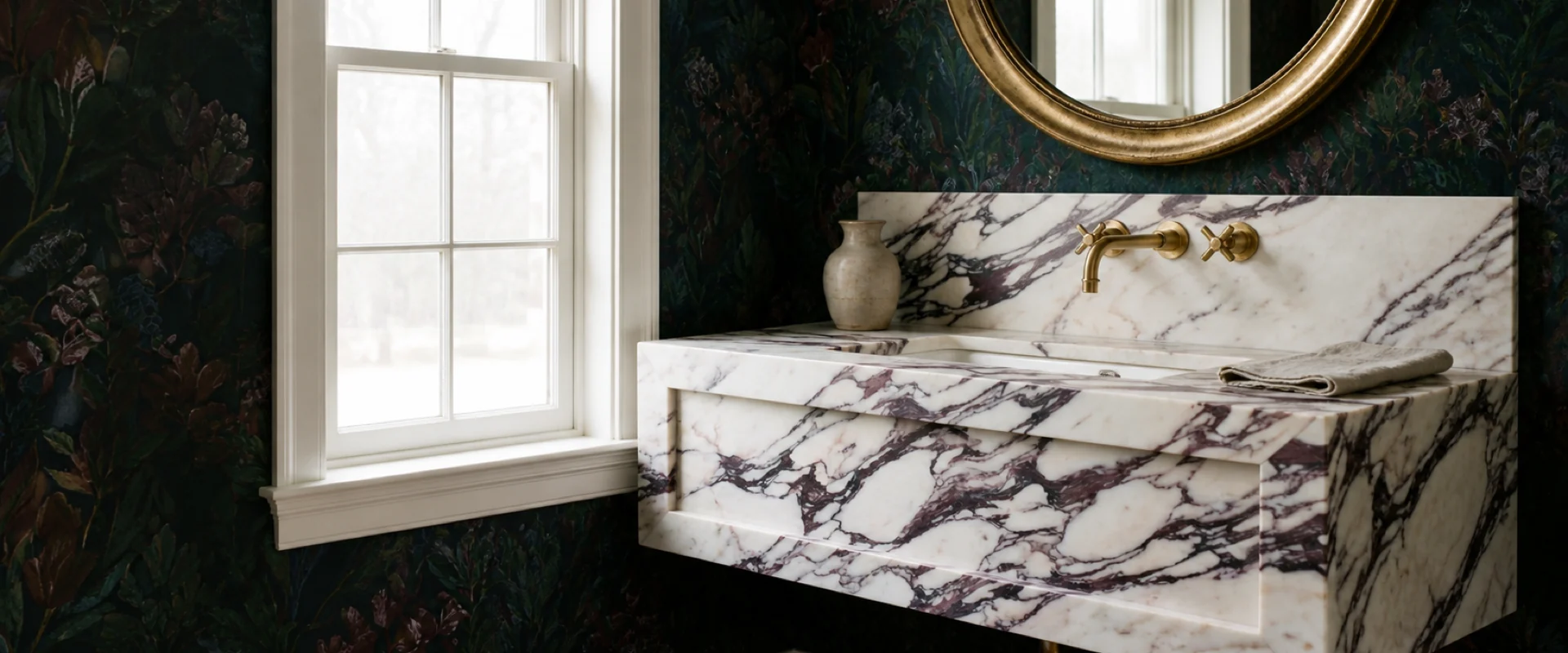 Powder room with a floating Calacatta Viola vanity and aged-brass fixtures.