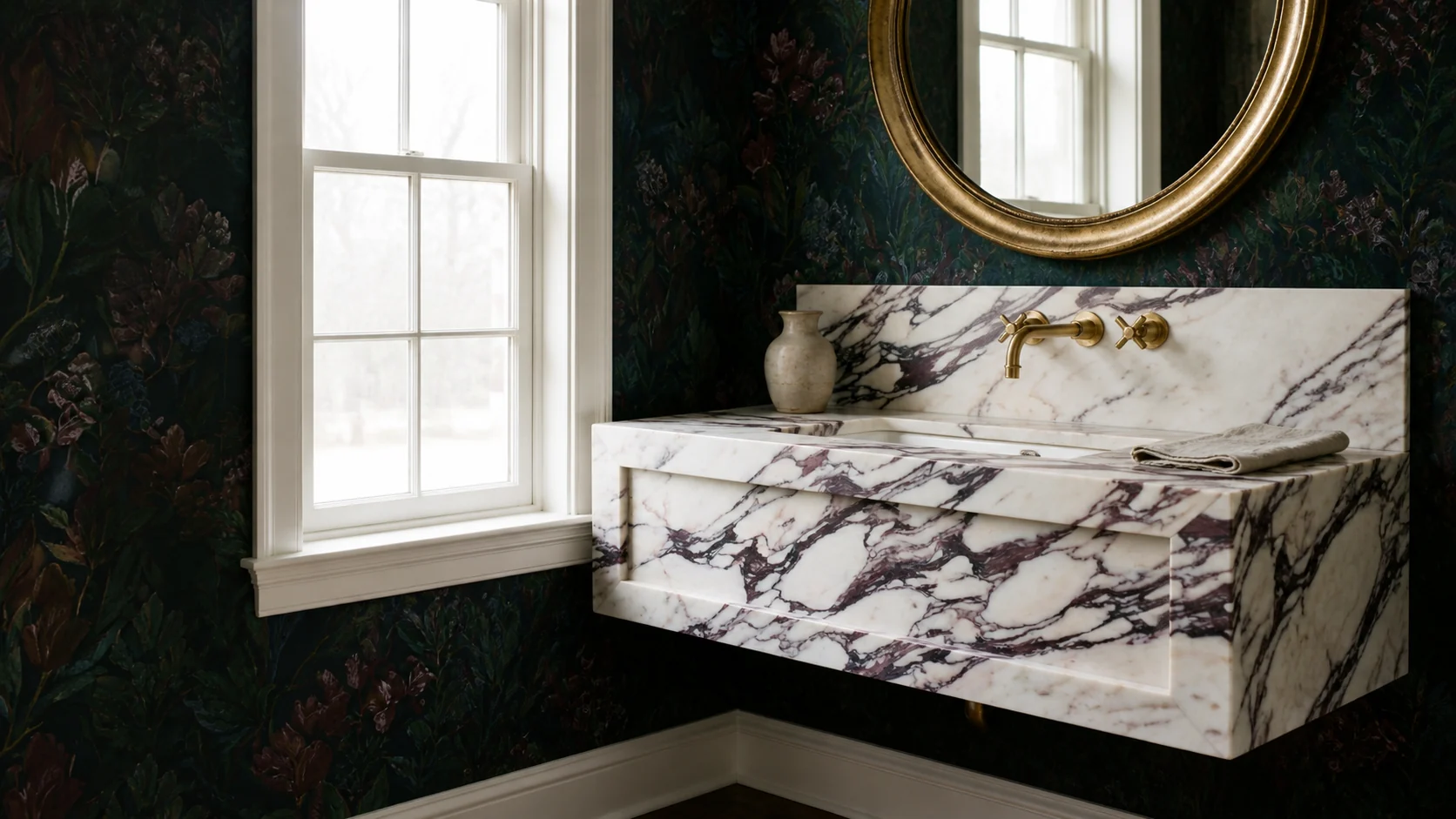 Wide powder-room view with a floating Calacatta Viola vanity, dark botanical wallpaper, window, and aged-brass fixtures.
