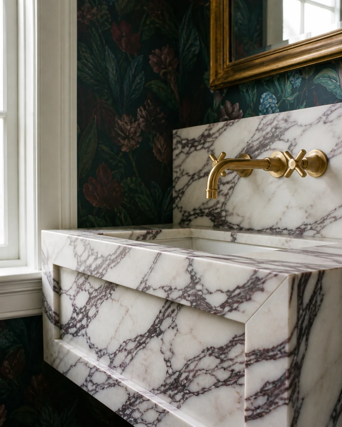 Close view of plum-veined marble continuing over the mitred apron beneath the aged-brass wall faucet.