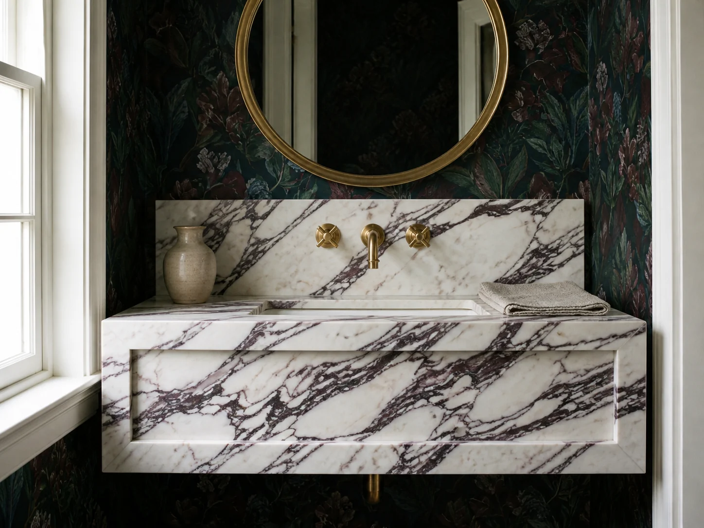 Straight-on view of the integrated sink, short marble backsplash, wall-mounted faucet, and deep mitred apron.
