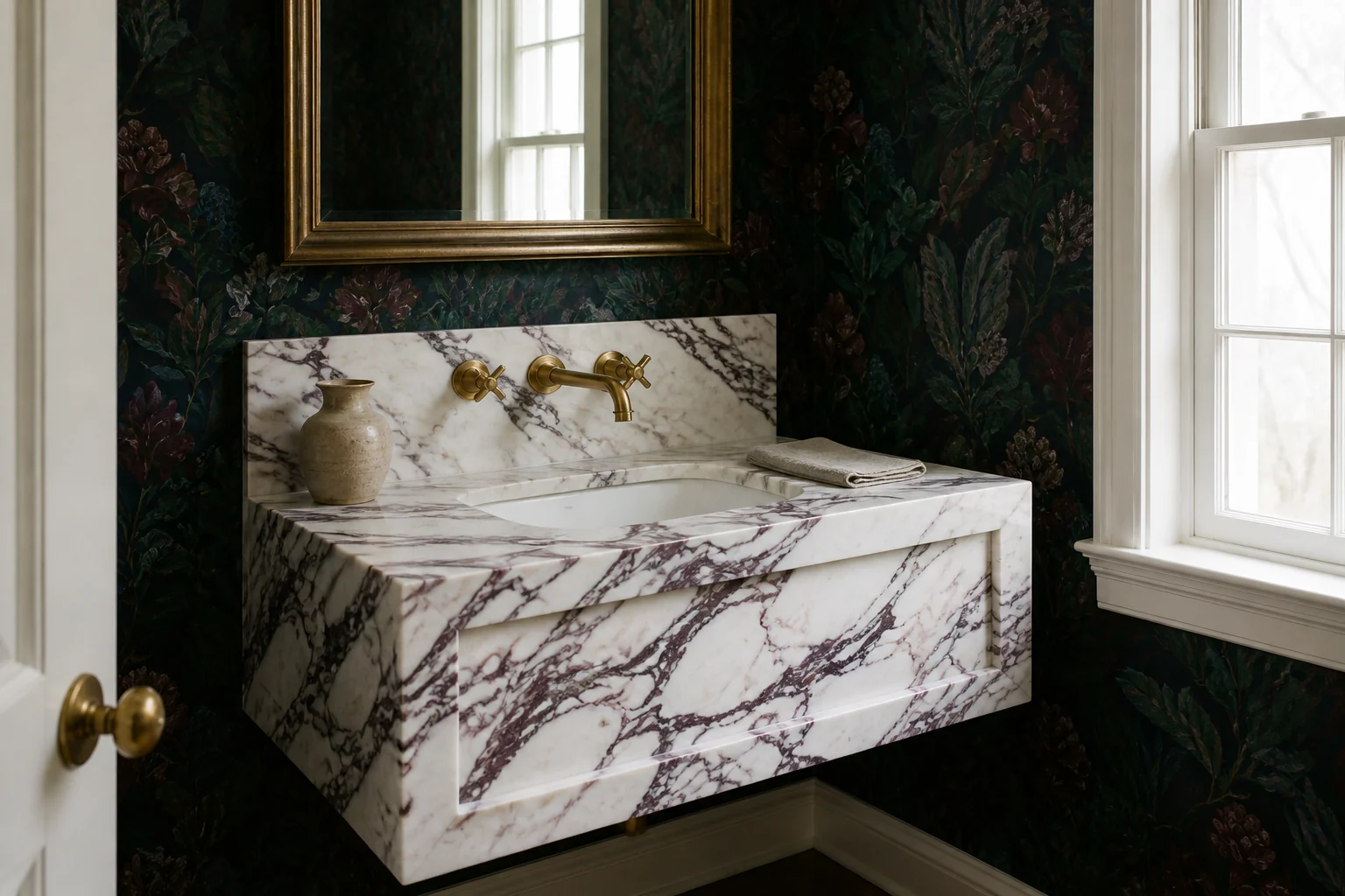 Three-quarter view revealing the floating vanity’s apron, side return, and integrated sink.