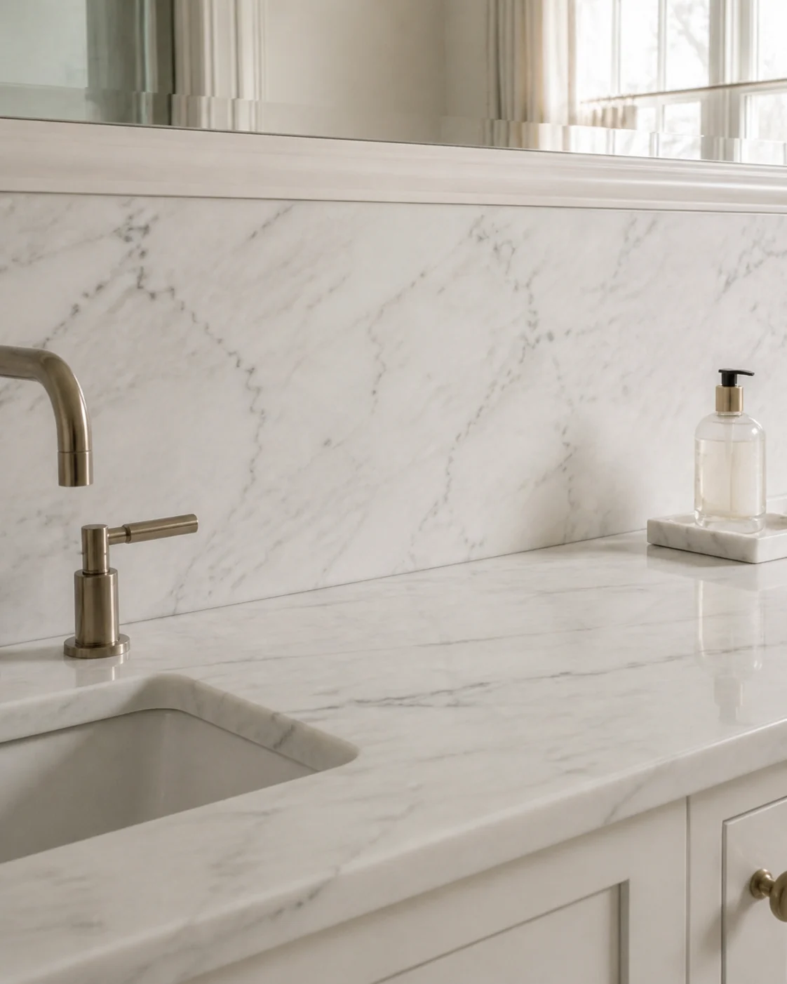 Close view of the Calacatta Gold counter-to-backsplash transition beneath the mirror.